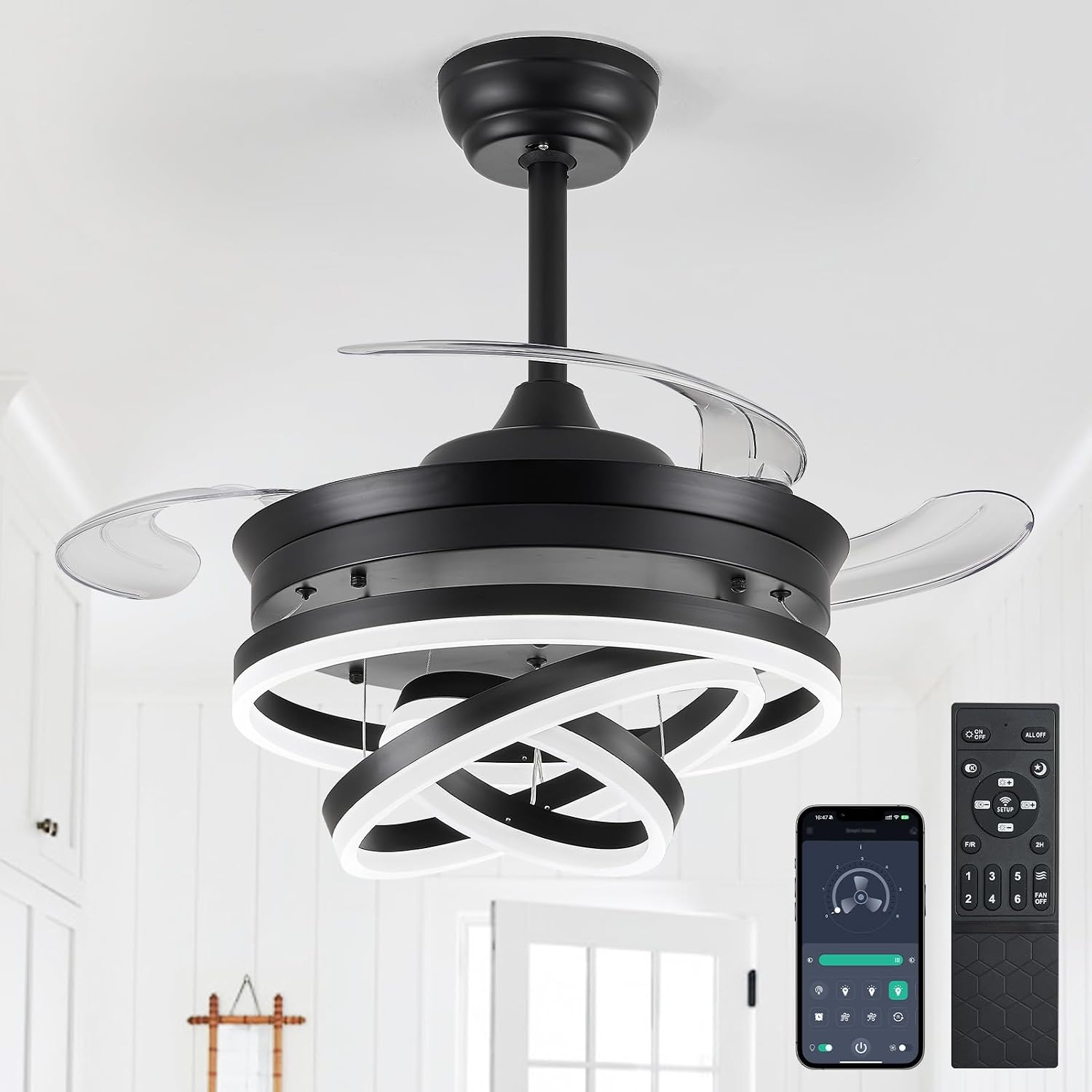 42' Retractable Ceiling Fans with Lights, Modern Fandelier Ceiling Fan with LED Light and Remote/APP Control 3 CCT, Reversible, 6 Wind Speed, Chandelier Ceiling Fan for Bedroom, Living Room Black