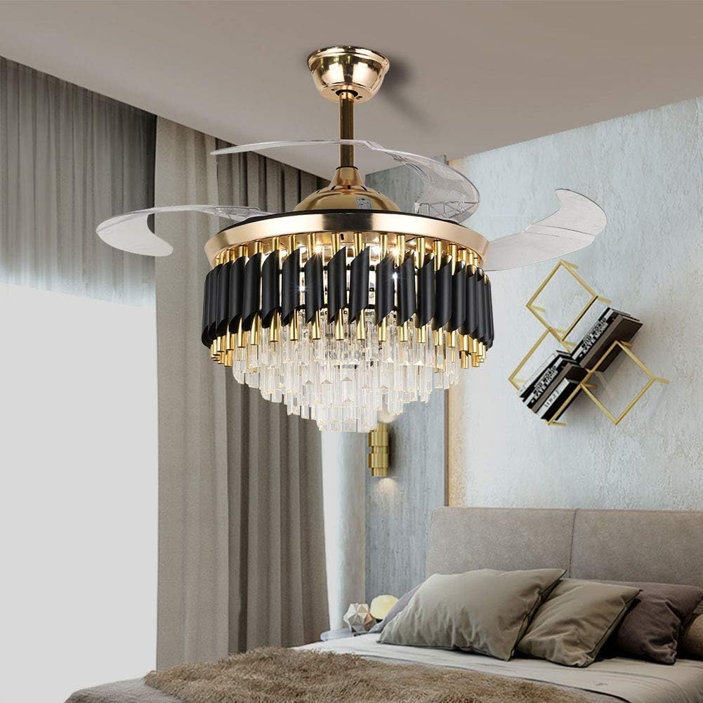 42' Crystal Fandelier Ceiling Fan Retractable Blade Ceiling Fan with Lights Modern LED Chandelier Ceiling Fan with Remote Controls, 36 Watt LED Light Strip Included, Gold+Black