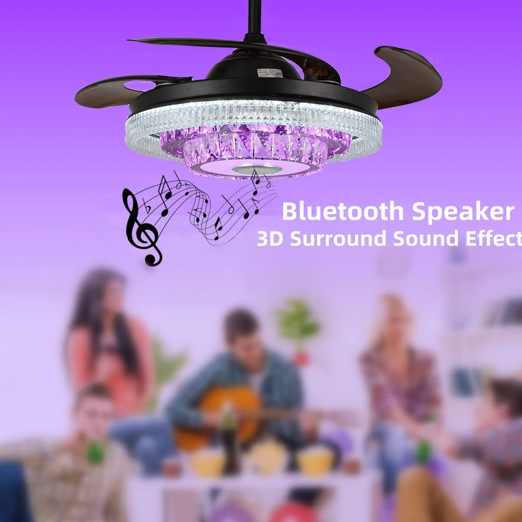 42inch Crystal Ceiling Fan Light with Bluetooth Speaker Reversible 6 Speeds Invisible Chandelier with Remote Control 3 Colors Change LED Light Dimmable Fandelier Music Lighting Fixture