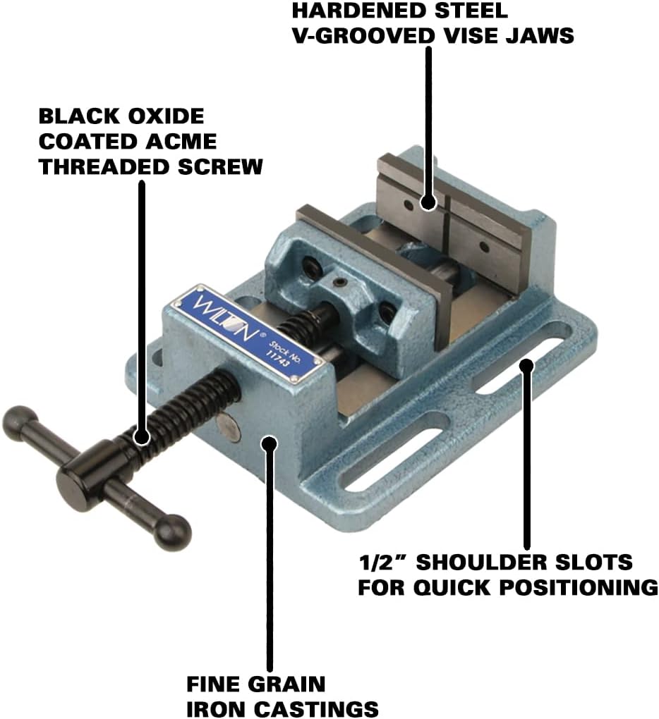 Wilton Low-Profile Drill Press Vise, 4' Jaw Width, 4' Jaw Opening, 1-1/2' Jaw Depth (Model LP4) & Strong Hand Tools PTTD634 Drill Press Clamp with Crank Handle, Quick-Set Hold Down Clamp