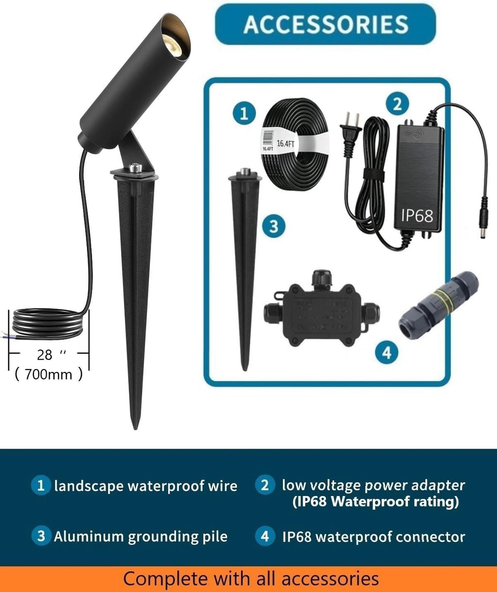 Outdoor Landscape Lighting, Mini Size Low Voltage LED Spotlight 2700K 4 Pack, IP65 Waterproof, with Quick Installation Accessories, for House Patio Garden Fence Tree Yard Plant Flags Use