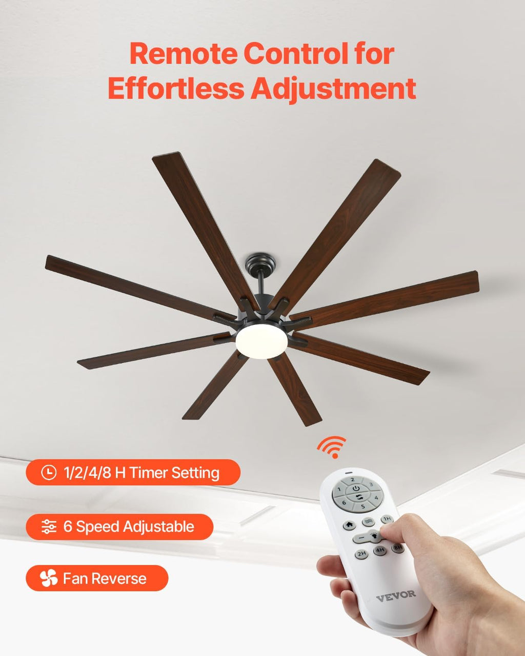 VEVOR 72 Inch Ceiling Fan with Light, 6-Speed Remote Control, Dimmable 3-Color Temperature, Reversible DC Motor, Modern Low Profile Flush Mount Fan for Bedroom, Living Room, Indoor/Outdoor Use, Black
