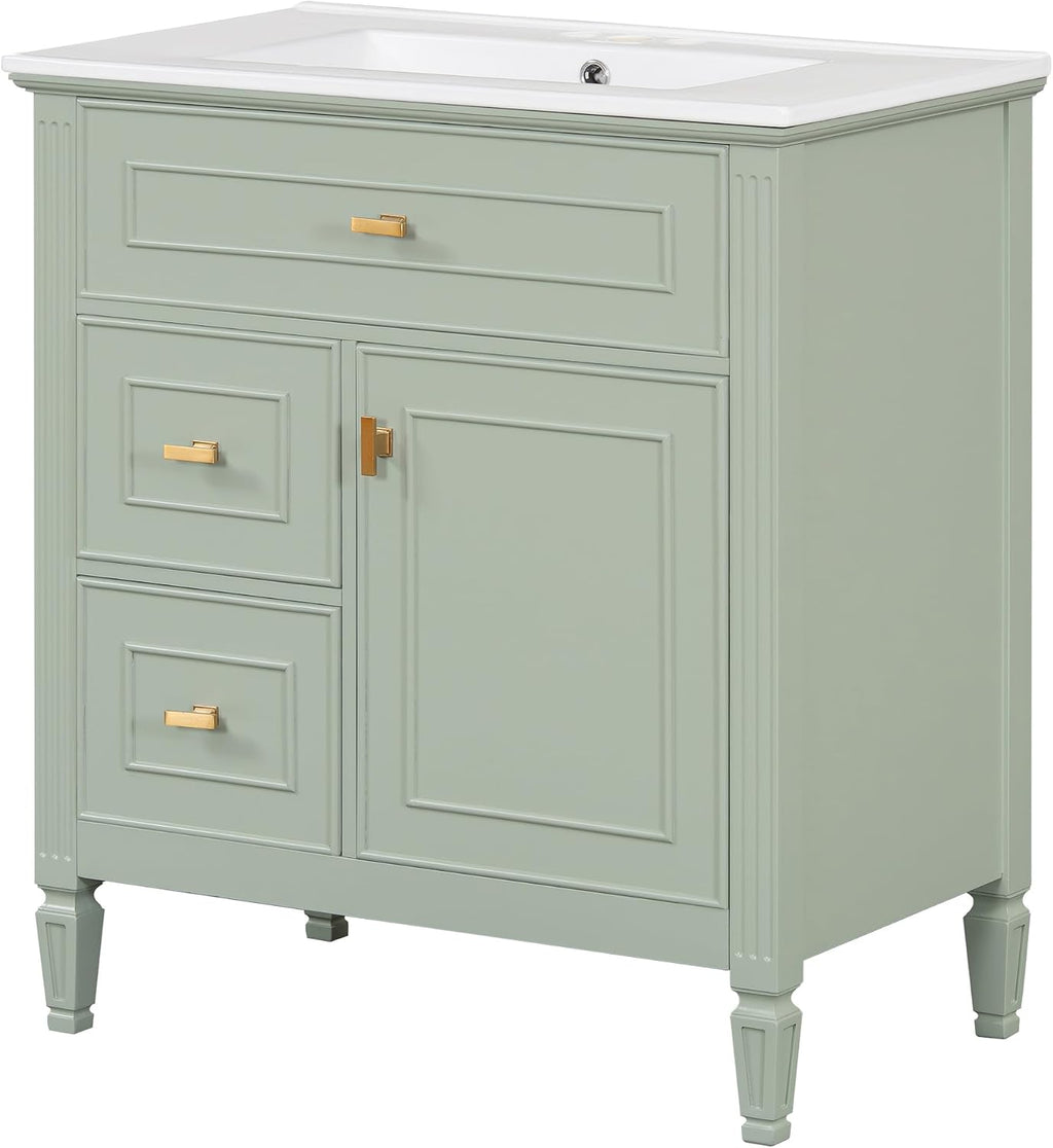 30' Bathroom Vanity with Ceramic Sink Top, Tip-Out Drawer and Two Left Side Drawers, Adjustable Shelf, Solid Wood Legs, Soft-Closing Door and Rack Shelf, Green