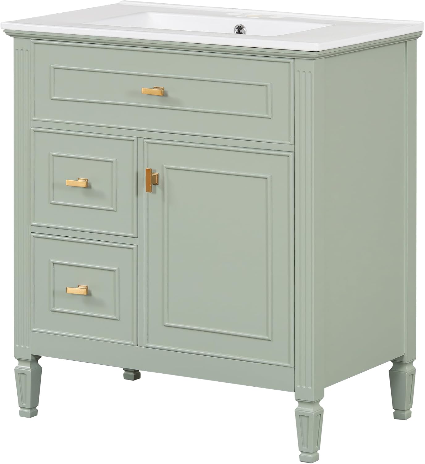 30' Bathroom Vanity with Ceramic Sink Top, Tip-Out Drawer and Two Left Side Drawers, Adjustable Shelf, Solid Wood Legs, Soft-Closing Door and Rack Shelf, Green
