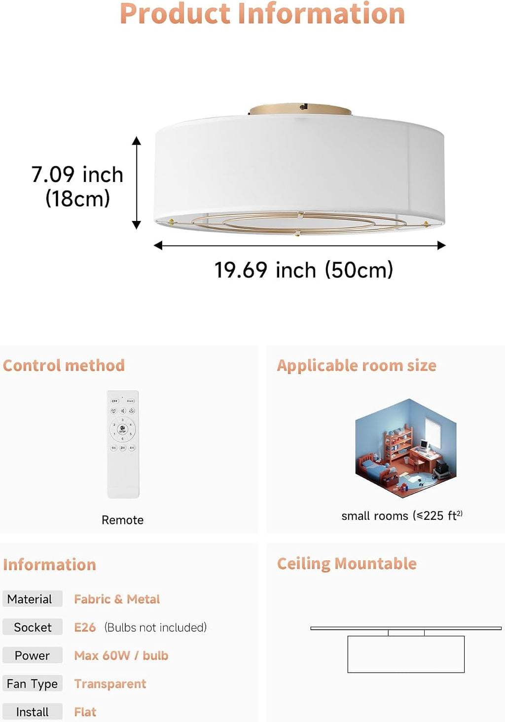Low Profile Ceiling Fans with Lights, 20' Flush Mount Ceiling Fan with Light, Boho Bladeless with 6 Speeds, Rattan Remote Control for Bedroom, Nursery, Living Room