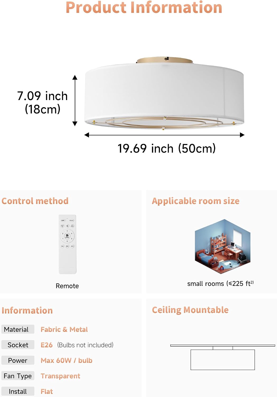 Low Profile Ceiling Fans with Lights, 20' Flush Mount Ceiling Fan with Light, Boho Bladeless with 6 Speeds, Rattan Remote Control for Bedroom, Nursery, Living Room