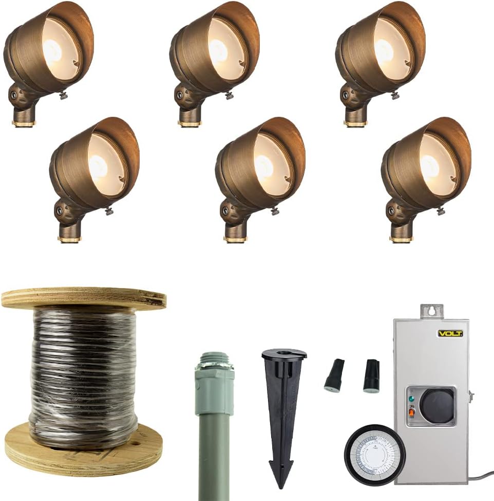 VOLT Cast Brass G4 Infiniti 40 (500 Lumens) 12V LED Outdoor Spotlight 6-Pack Kit with 150W Low Voltage Transformer for Landscape Lighting