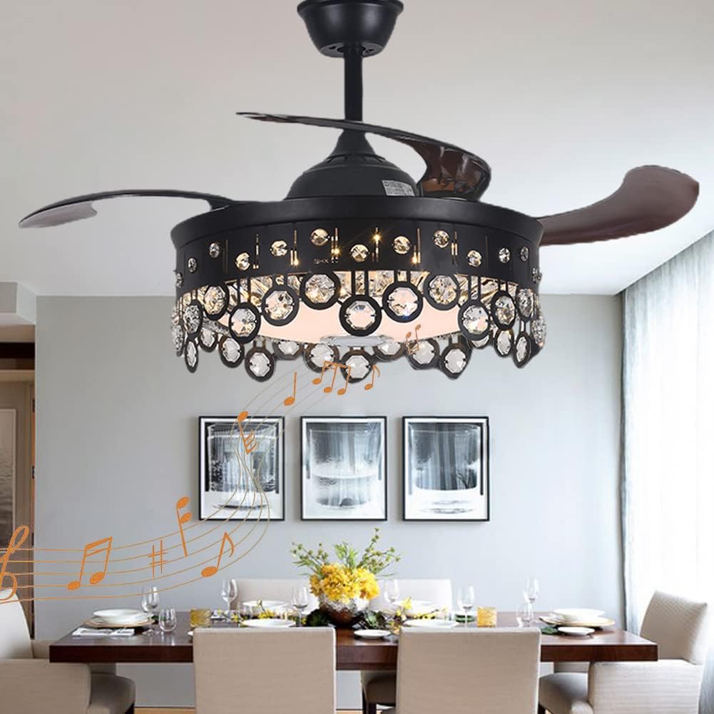 42' Chandelier Ceiling Fan with Speaker and 7 Colorful Dimmabel Light, Retractable Ceiling Fan with Remote Control 3 Speed Black Fandelier for Dining/Living Room