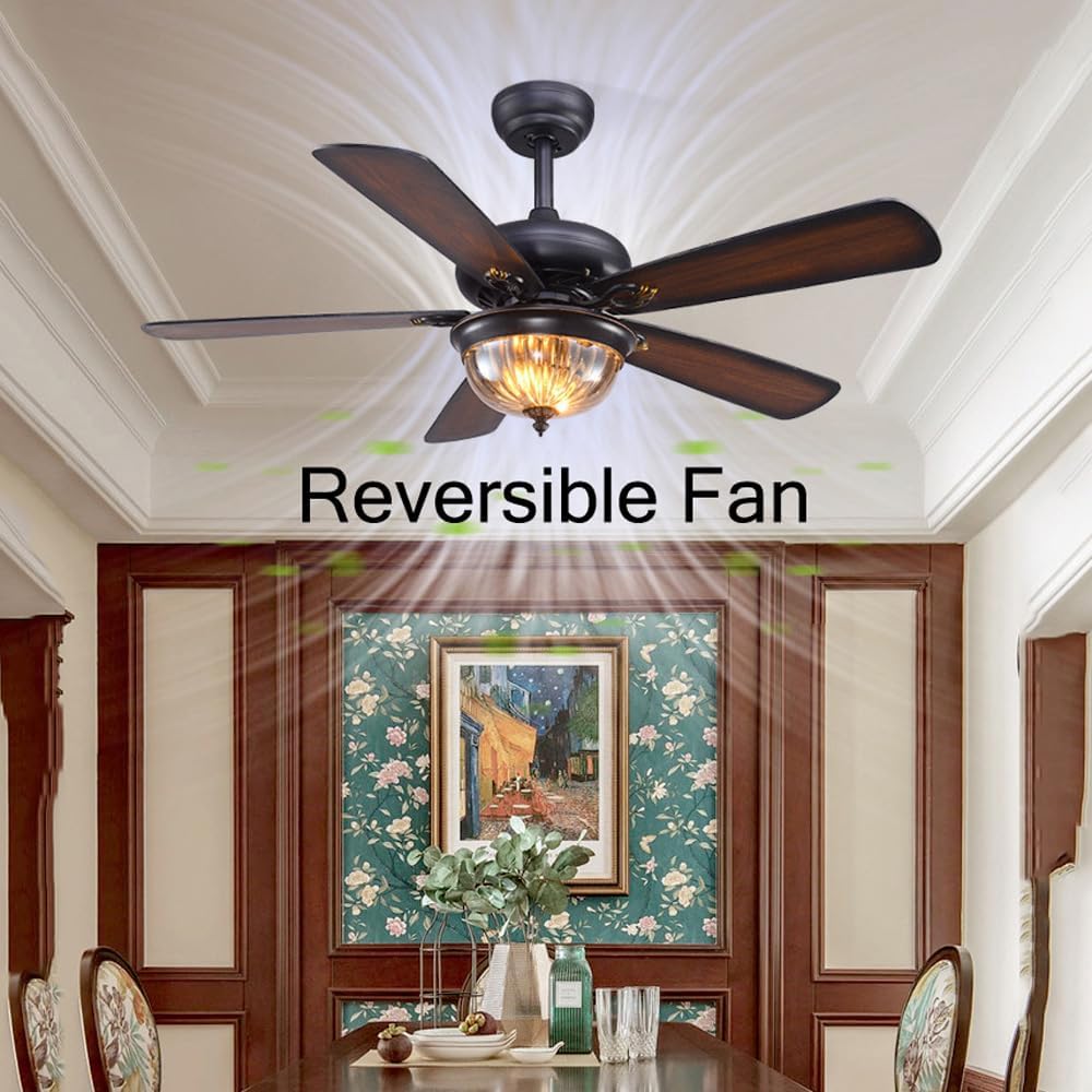 52 INCH Mid Century Modern Fandelier Ceiling Fan with Light Reversible Wood Blades Rustic Farmhouse Fan Chandelier Amber Glass Fan Light for Living Room Bedroom Dining Room Indoor