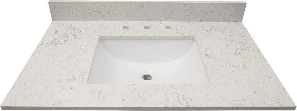 MSI Carrara Sky Vanity Top with Under Mount Rectangle Ceramic Sinks, Engineered Marble Stone, 4' CC Faucet Holes, 37'X22'
