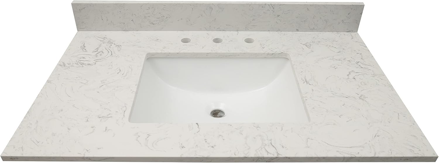 MSI Carrara Sky Vanity Top with Under Mount Rectangle Ceramic Sinks, Engineered Marble Stone, 4' CC Faucet Holes, 37'X22'