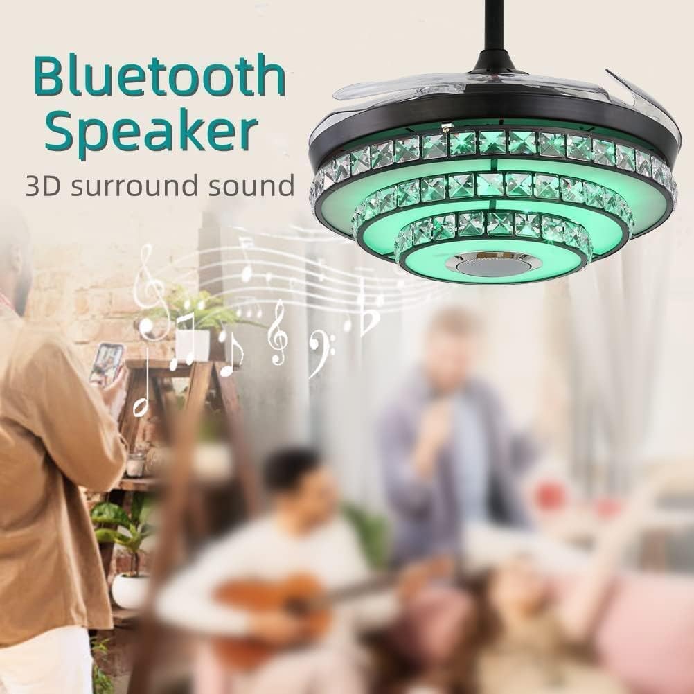 42' Smart Ceiling Fan with Lights and Bluetooth Speaker, Retractable Black Fandelier RGB Color Dimmable LED Crystal Chandelier Fans with Remote Control, Reversible Silent Motor, 6 Speeds