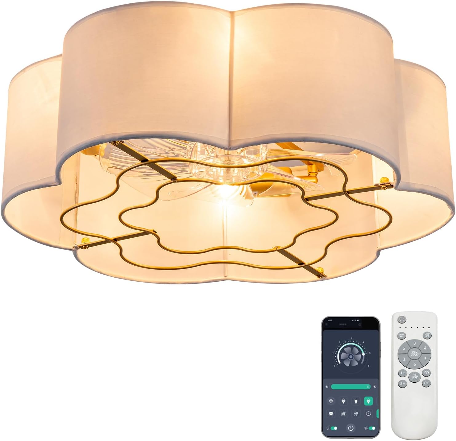 Caged Ceiling Fan with Lights, Flush Mount 20' Boho Ceiling Fans with Lights Remote Control, Low Profile Fabric Bladeless with 6 Speeds for Bedroom, Nursery, Kitchen