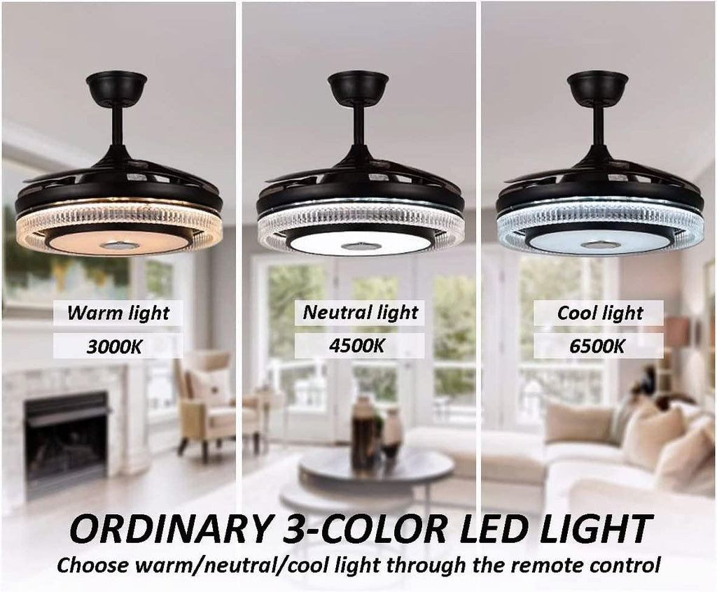 FANPERO 42' Smart Ceiling Fan with Lights Remote Control, Black Crystal Fandelier with Bluetooth Speaker, 7 Color Dimmable Retractable LED Chandelier Fans with Reversible Silent Motor, 6 Speeds