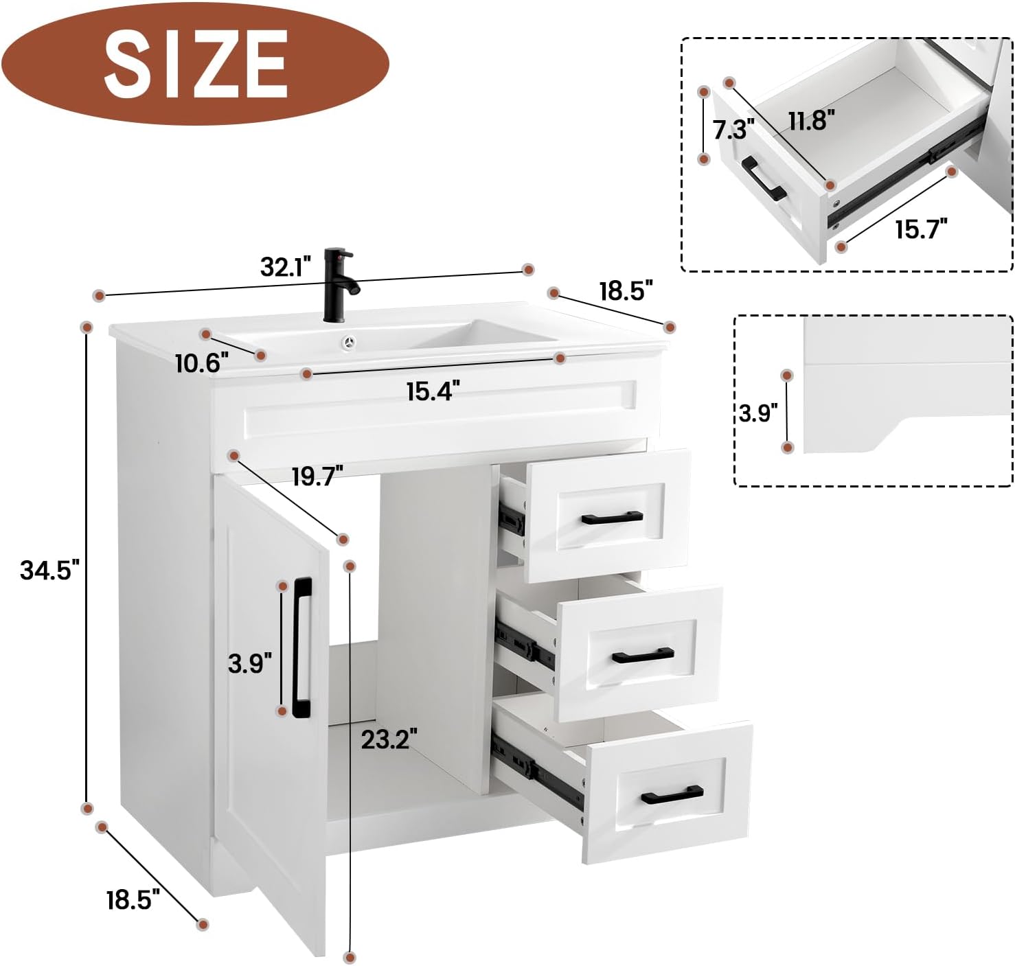 30' White Bathroom Vanity with Integrated Sink Top | Plywood Construction, Soft-Close Doors &Drawers