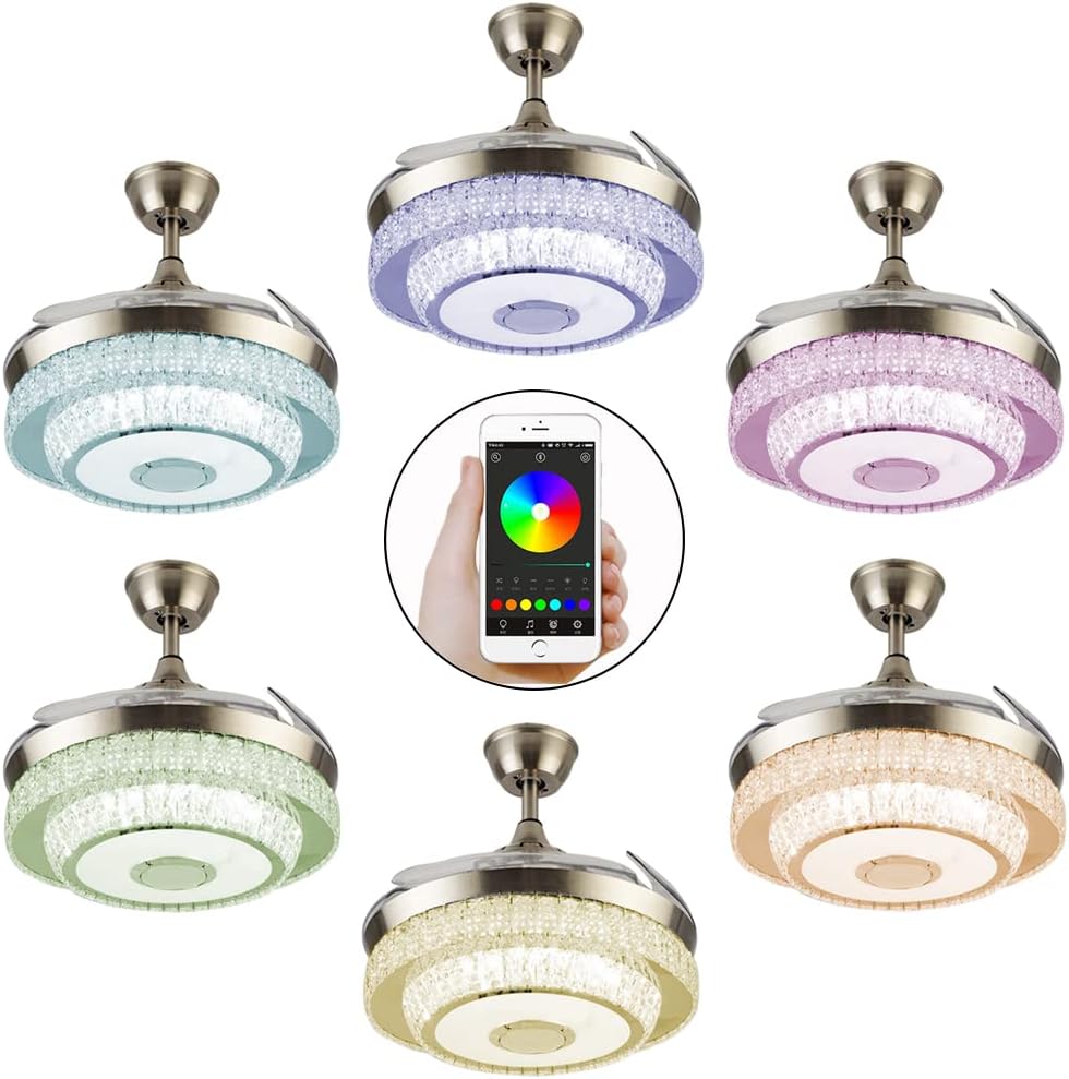 42 inch Bluetooth Ceiling Fan with 7 Colorful Dimmable, Retractable Crystal Chandelier Fans with Remote Control 3 Lights Level and 3 Speed for Bedroom Living Room
