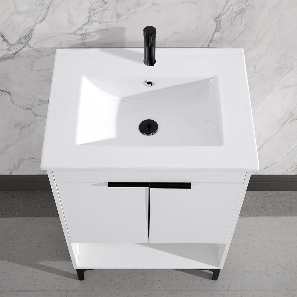 24 in. W x 18.3 in. D Bathroom Undermount Ceramic Sink Top W/One Hole, Drop in Bathroom Vessel Sink Rectangle, Without Matte Black Faucet & Pop up-Drain, for Bathrooms, White