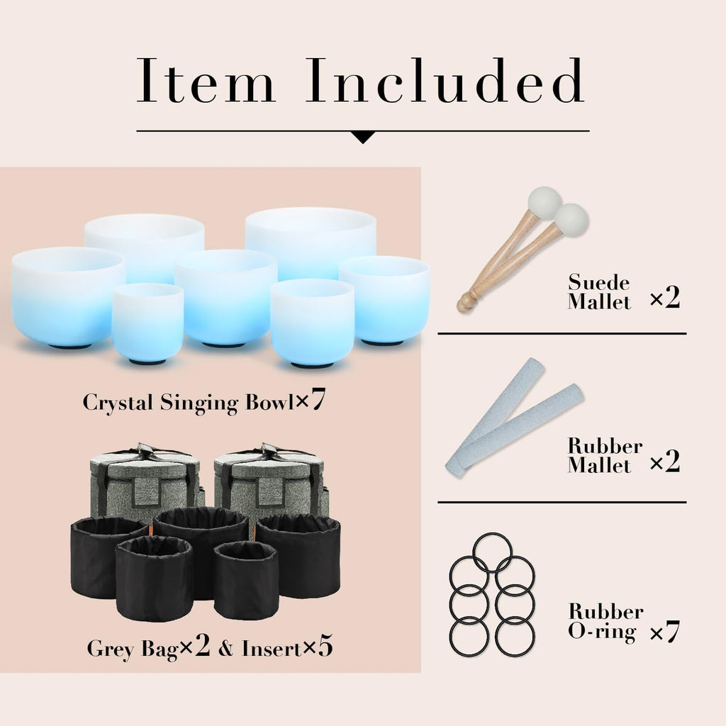 CVNC 432HZ 6-12 Inch Azure Blue Color Aria Gradient Design Frosted Quartz Crystal Singing Bowls Chakra Set of 7 with Carry Case Bags for Sound Healing and Meditation