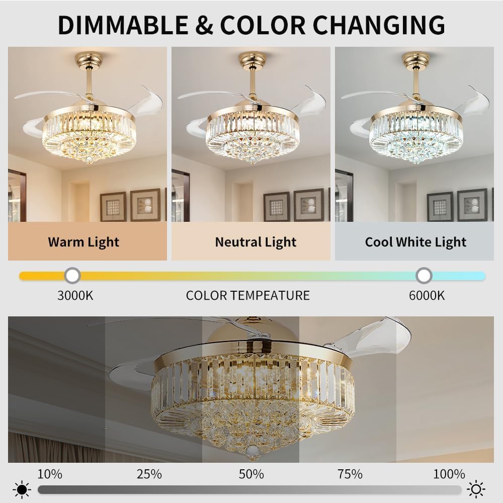 48 Inch Fandelier Ceiling Fan with Light, Chandelier Ceiling Fan for Bedroom Living Room, LED Dimmable, 6-Speed Reversible Motor, Timer & Memory Function-Gold