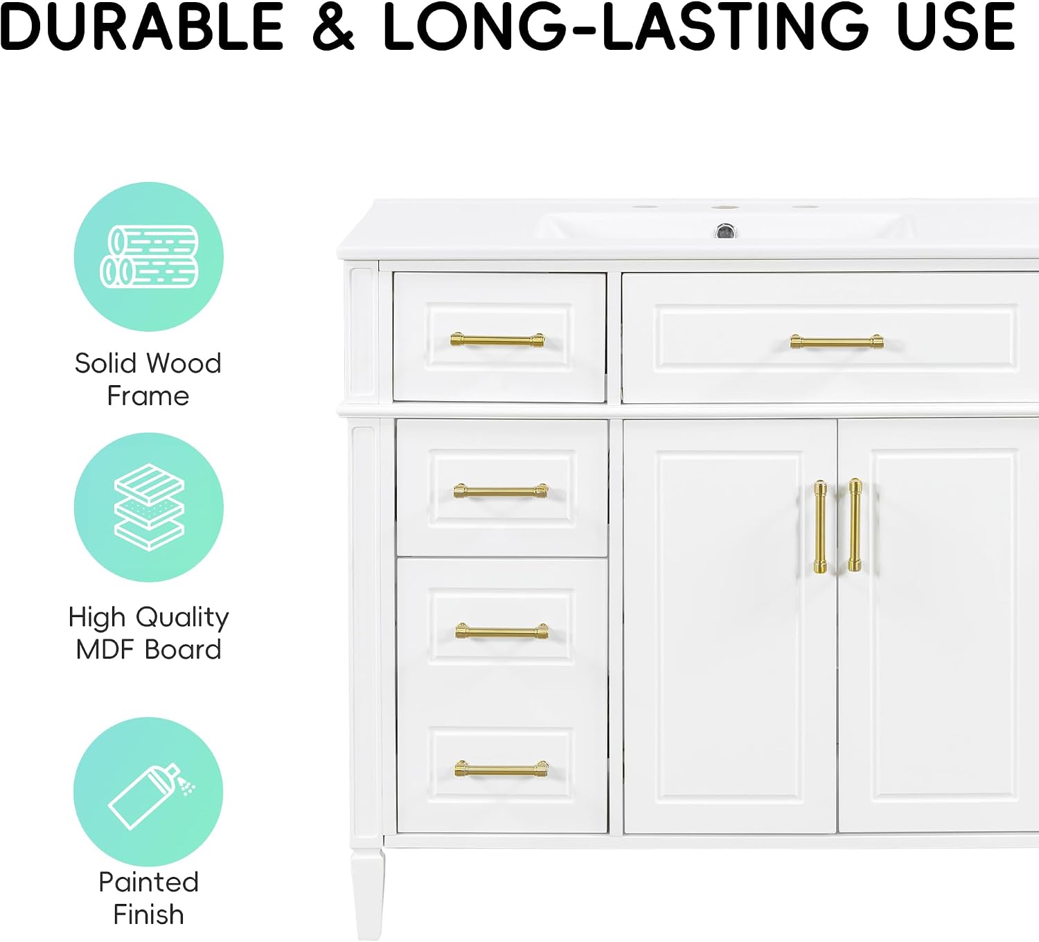 36' Bathroom Vanity with Ceramic Sink Top, One Tip-Out Drawer and Three Side Drawers, Soft-Closing Doors, Adjustable Shelf, Solid Wood Frame, White