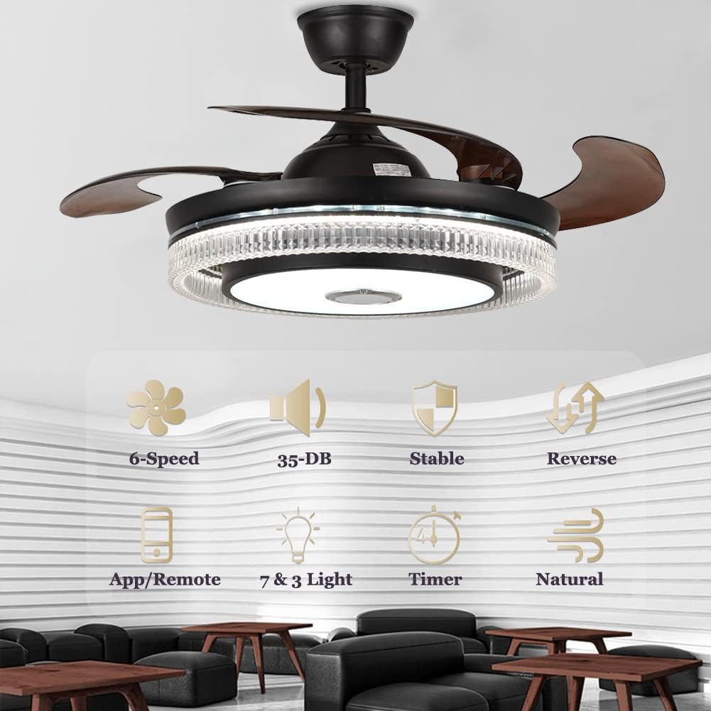 Fandian 42' Smart Ceiling Fan with Lights Bluetooth Speaker Chandelier, Modern Black Fandeliers with APP RGB Dimmable Colors, Reversible 6-Speed Lighting Fixtures for Living Bedroom