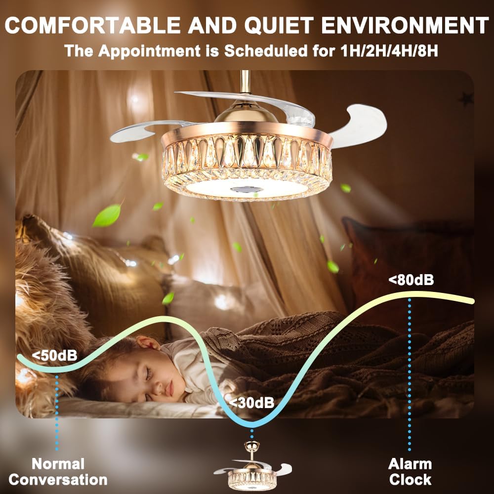 42' Bluetooth Chandelier Ceiling Fans with Lights Modern Retractable Fandelier Ceiling Fan and Remote 7 Color Change Smart Invisible Fan Light with Music Player for Bedrooms Living Room, Gold