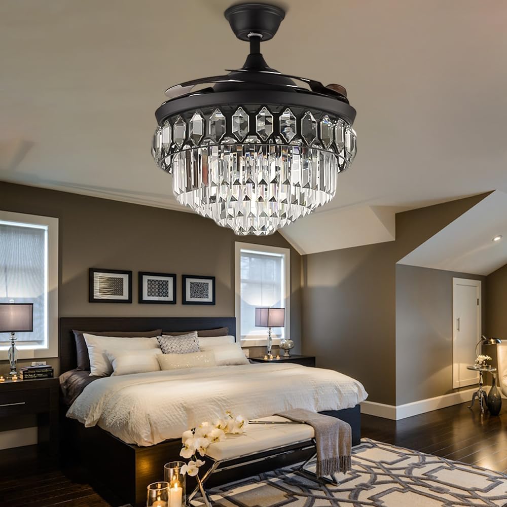 42'' Crystal Ceiling Fan with Light Modern Luxury Black Pendant Chandelier Geometric Design Led Light Fixture, Remote 3 Gears Adjustable Light Colors and Fan Speeds, Silent Motor