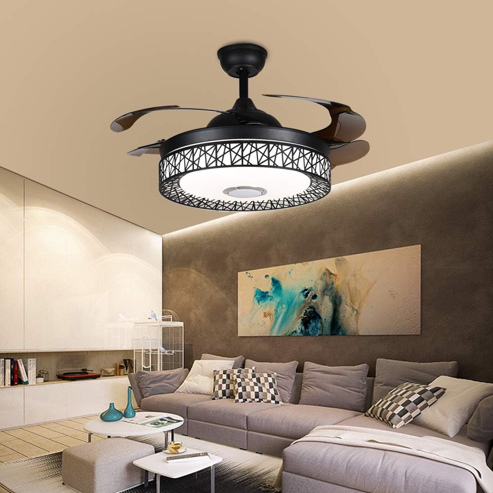 Modern Bluetooth Ceiling Fans Lights with Speaker Music LED Chandelier, 7 Colors Dimmable Inlcuded LED Kits Smart Bluetooth for Living Room Bedroom Restaurant
