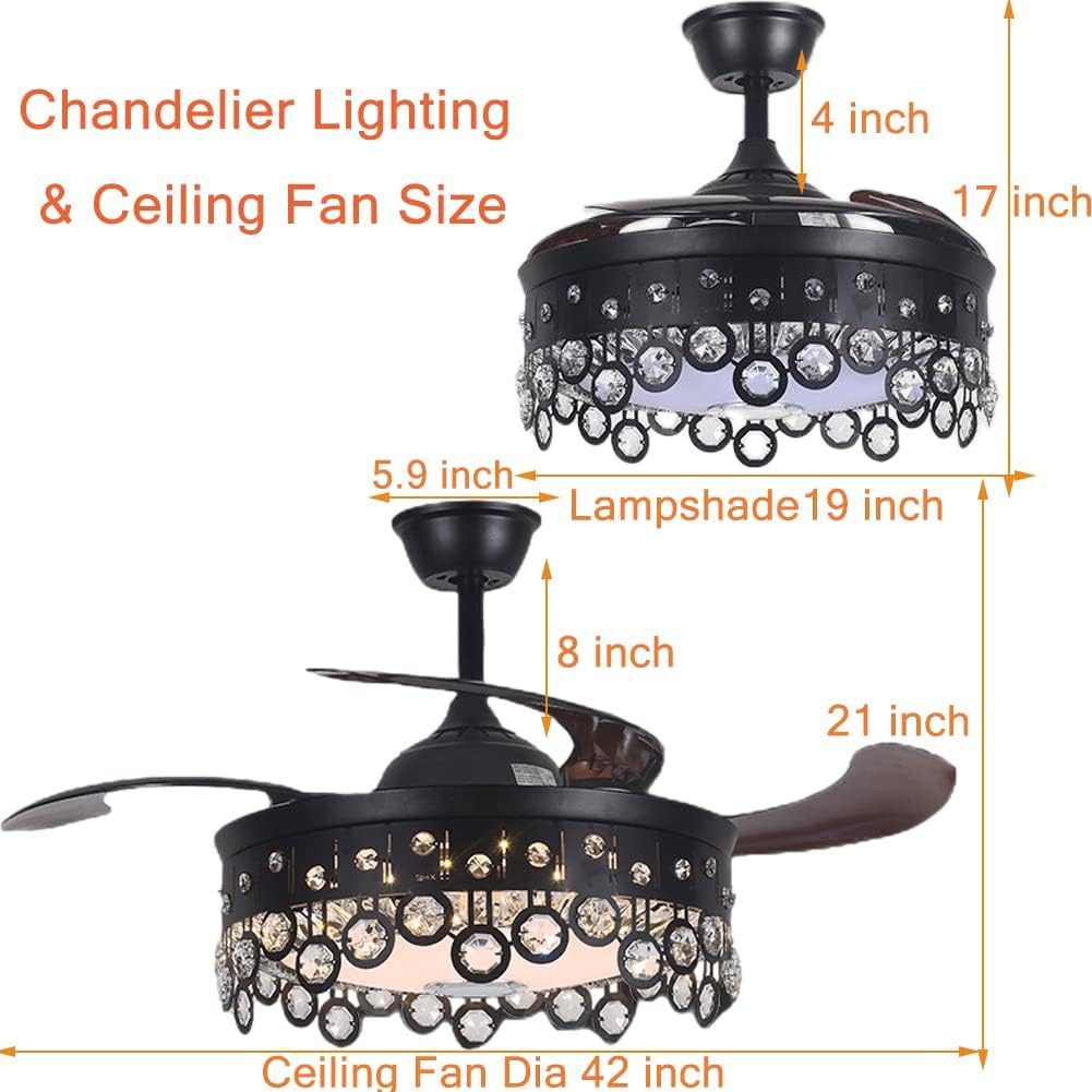 42' Chandelier Ceiling Fan with Speaker and 7 Colorful Dimmabel Light, Retractable Ceiling Fan with Remote Control 3 Speed Black Fandelier for Dining/Living Room