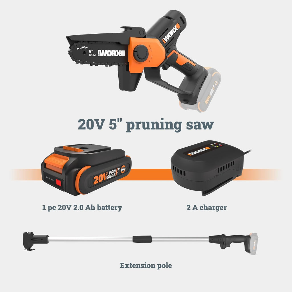 WORX Pole Chainsaw, 20V 5'' Pruning Saw with extension pole, Reach up to 9 ft, 25 ft/s Chain Speed, Includes 20V 2.0 Ah Battery and Charger, PowerShare,WG326.1