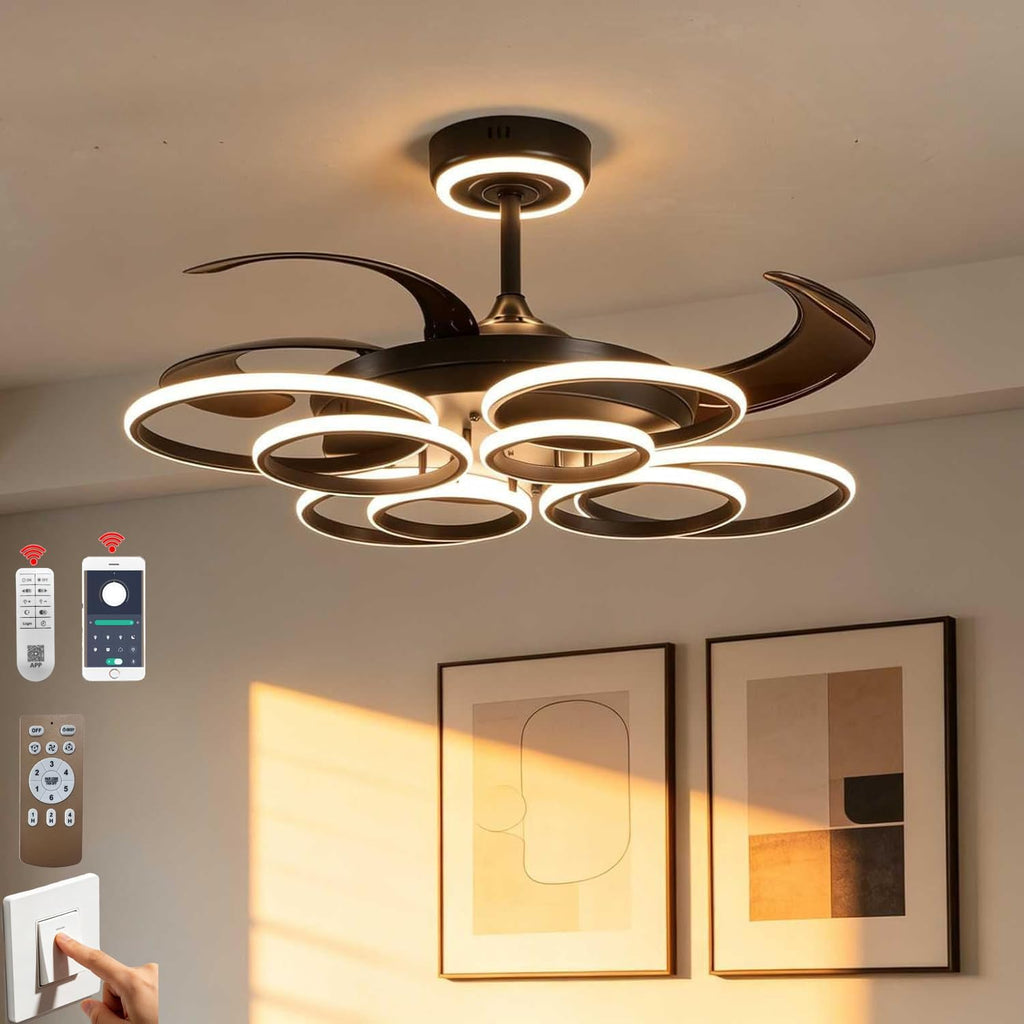 48' Retractable Ceiling Fan with Lights Modern Fandelier Fan Light with Remote Bladeless Fan Ceiling Light for Bedroom Living Room 6 Speed Black (Black RFL25009)