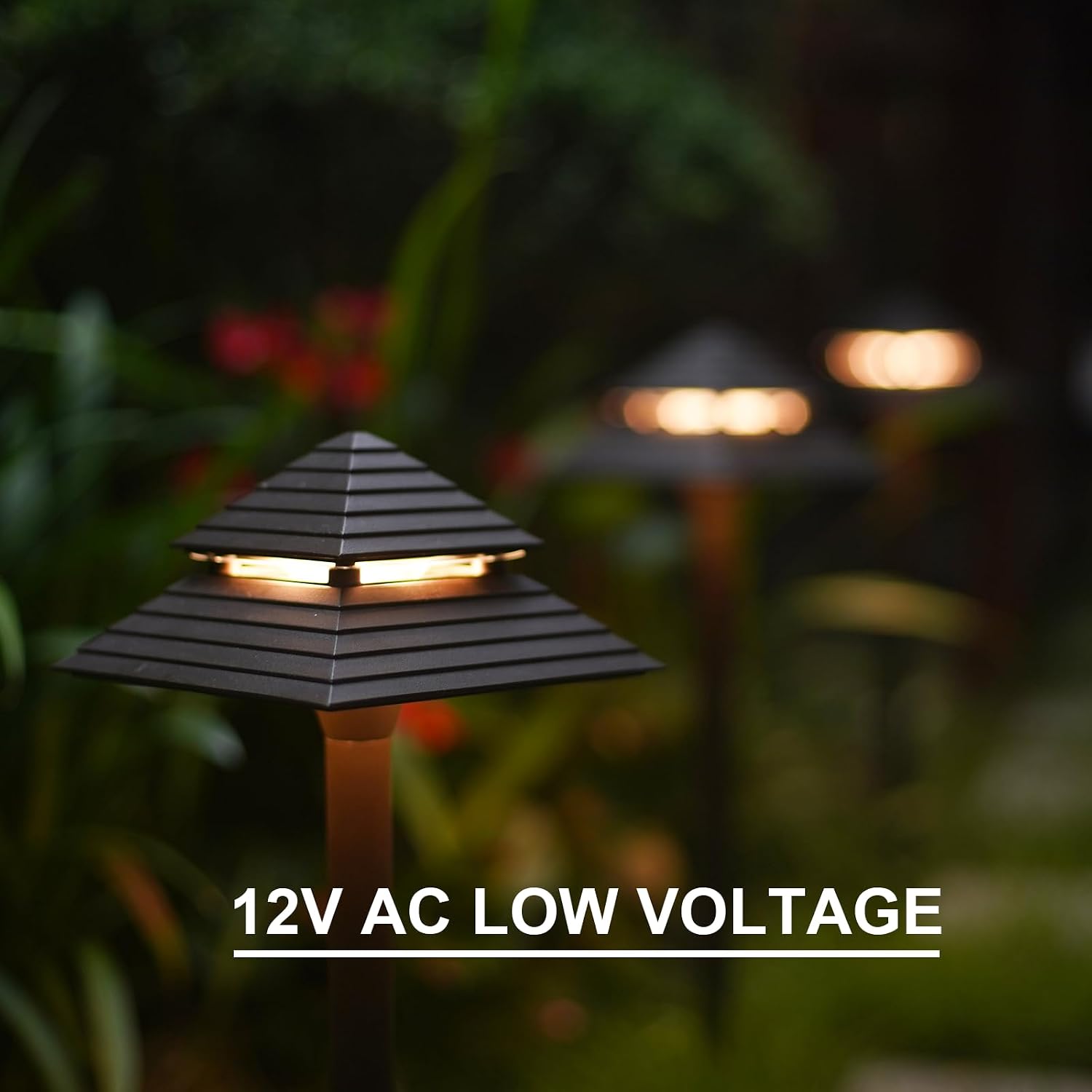 GOODSMANN Landscape Lighting 8PK Low Voltage Outdoor Path Lights 2-Tier Pagoda Landscape Path Lights Pathway Lights Wired 3W LED 180 Lumen 3000K Warm White Driveway Bronze Electric Pathway Light
