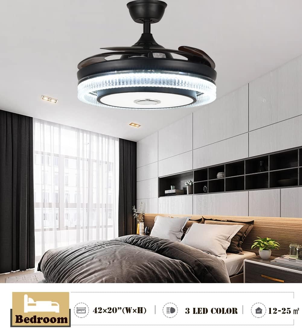 Fandian 42' Smart Ceiling Fan with Lights Bluetooth Speaker Chandelier, Modern Black Fandeliers with APP RGB Dimmable Colors, Reversible 6-Speed Lighting Fixtures for Living Bedroom