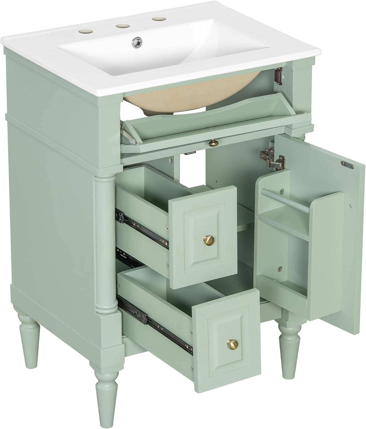 24 Inch Bathroom Vanity with Ceramic Sink Top, Cabinet with Tip-Out Drawer and Door Storage, Solid Wood Roman Legs, Adjustable Shelf, Green