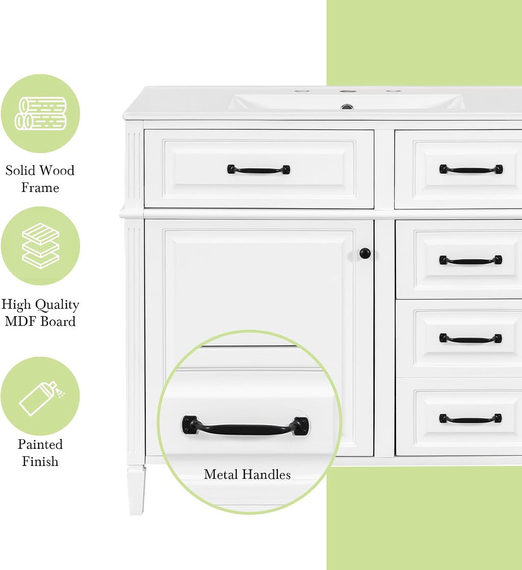 36' Bathroom Vanities with Sink Top, Bathroom Cabinet with Soft-Closing Door with Rack, 4 Drawers(with Tip-Out Drawers), Adjustable Shelf, Solid Wood Frame, White