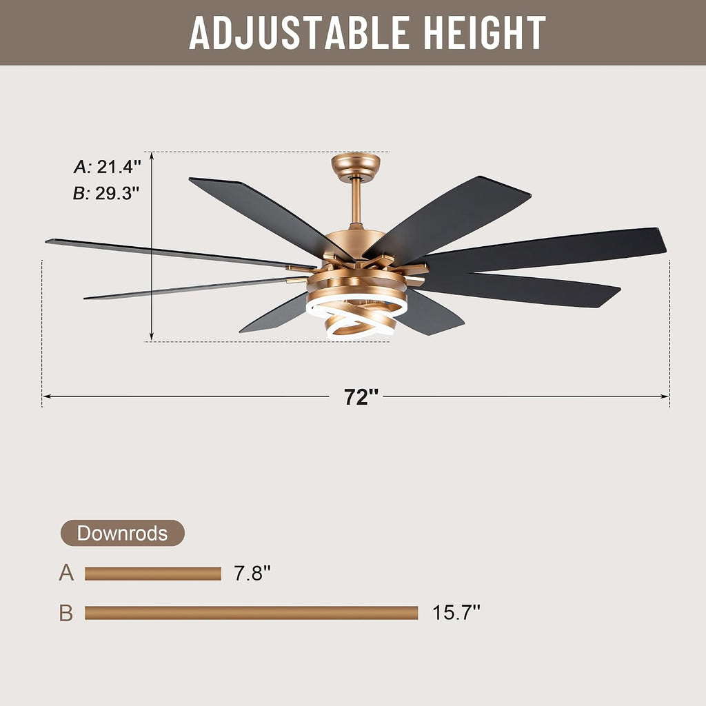 Farmhouse Ceiling Fans with Lights,Chandelier Fan with DIY Rings LED,Fandelier Ceiling Fans with Lights for Living Room/Bedroom (Gold-MD-DC7205-G, 72 Inch)
