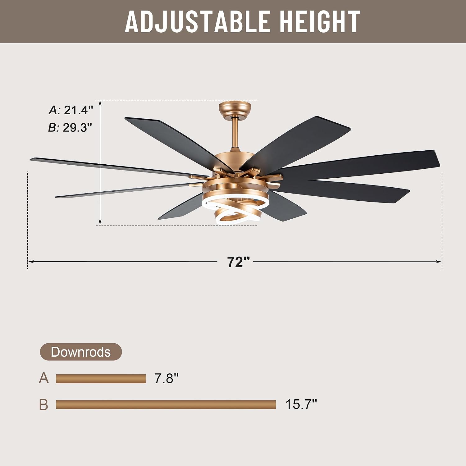 Farmhouse Ceiling Fans with Lights,Chandelier Fan with DIY Rings LED,Fandelier Ceiling Fans with Lights for Living Room/Bedroom (Gold-MD-DC7205-G, 72 Inch)