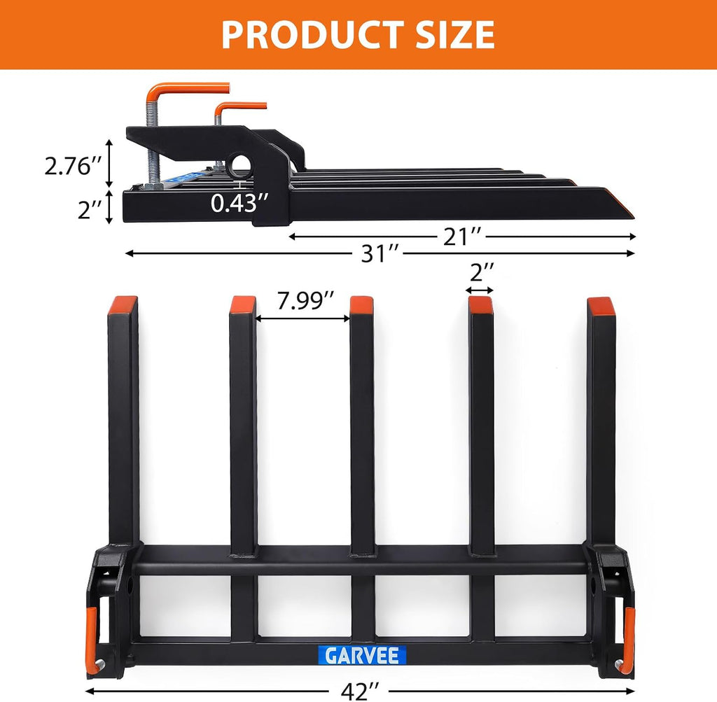 Clamp on Debris Forks to 48' Bucket, Heavy Duty 5 Fork Tines Clamp-on Pallet Attachments with 2500 LBS Capacity Fit for Tractor Bucket, Skid Steer Loader