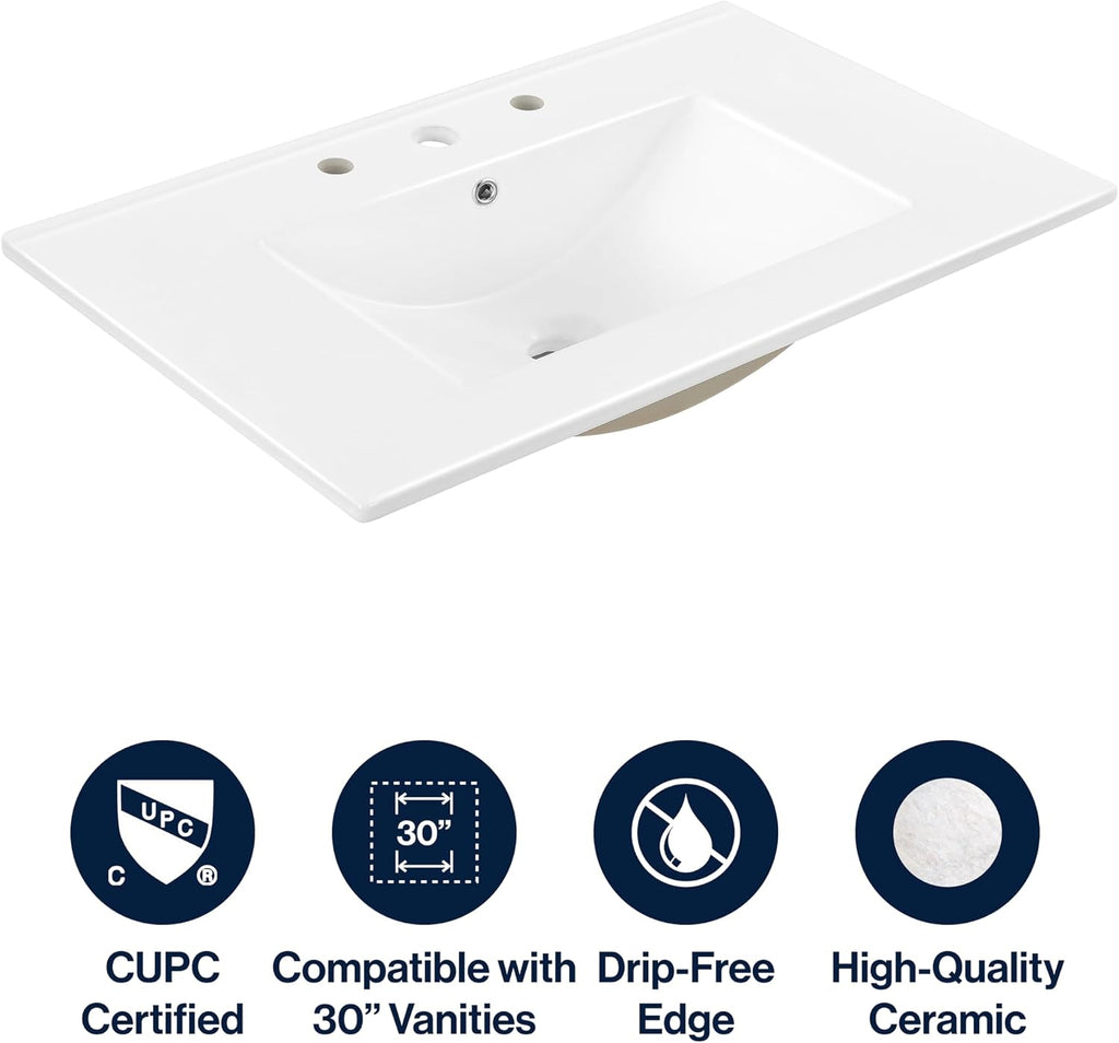 JONATHAN Y Ancillary 30 in. W x 18.25 in. D Ceramic Vanity Sink Top with 3-Hole Rectangular Single Sink Basin, White SNK1002A