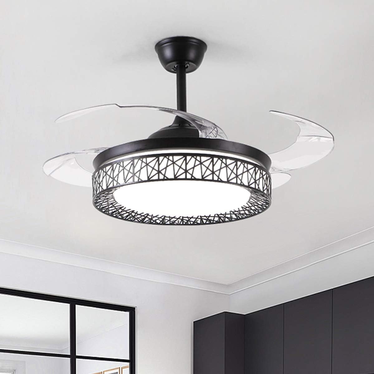 42' Ceiling Fan with Light, Modern Invisible Ceiling Fan Chandelier with Retractable Blade, Dimmable LED 3 Lighting 3 Speeds Change Ceiling Fans Lights with Remote Control (Black)