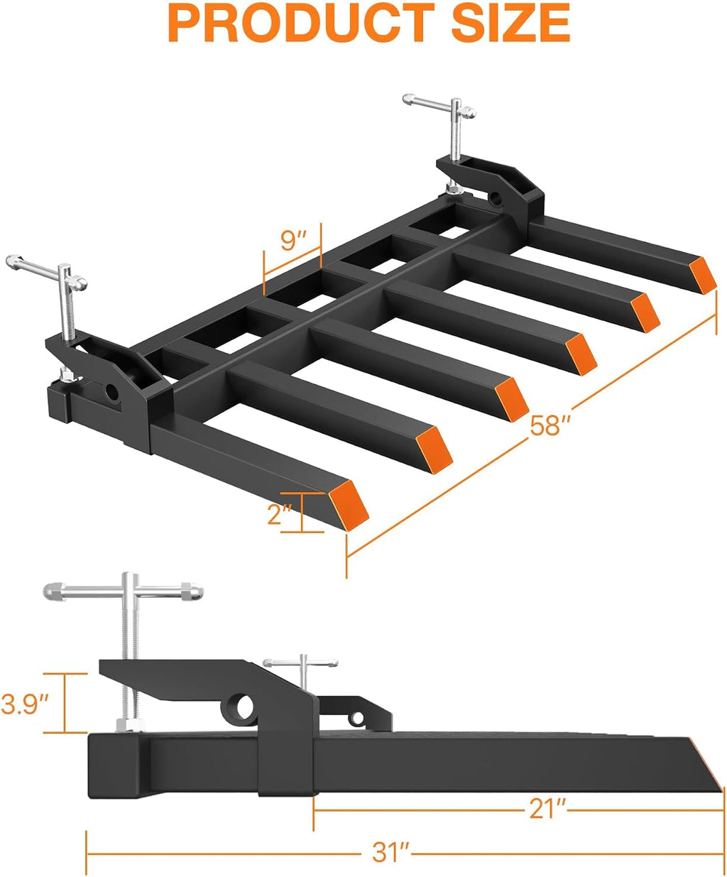 Garvee Clamp on Debris Forks to 48 in Bucket, Heavy Duty 5 Fork Tines Clamp-on Pallet Attachments with 2500 LBS Capacity Fit for Tractor Bucket, Loader, Skid Steer