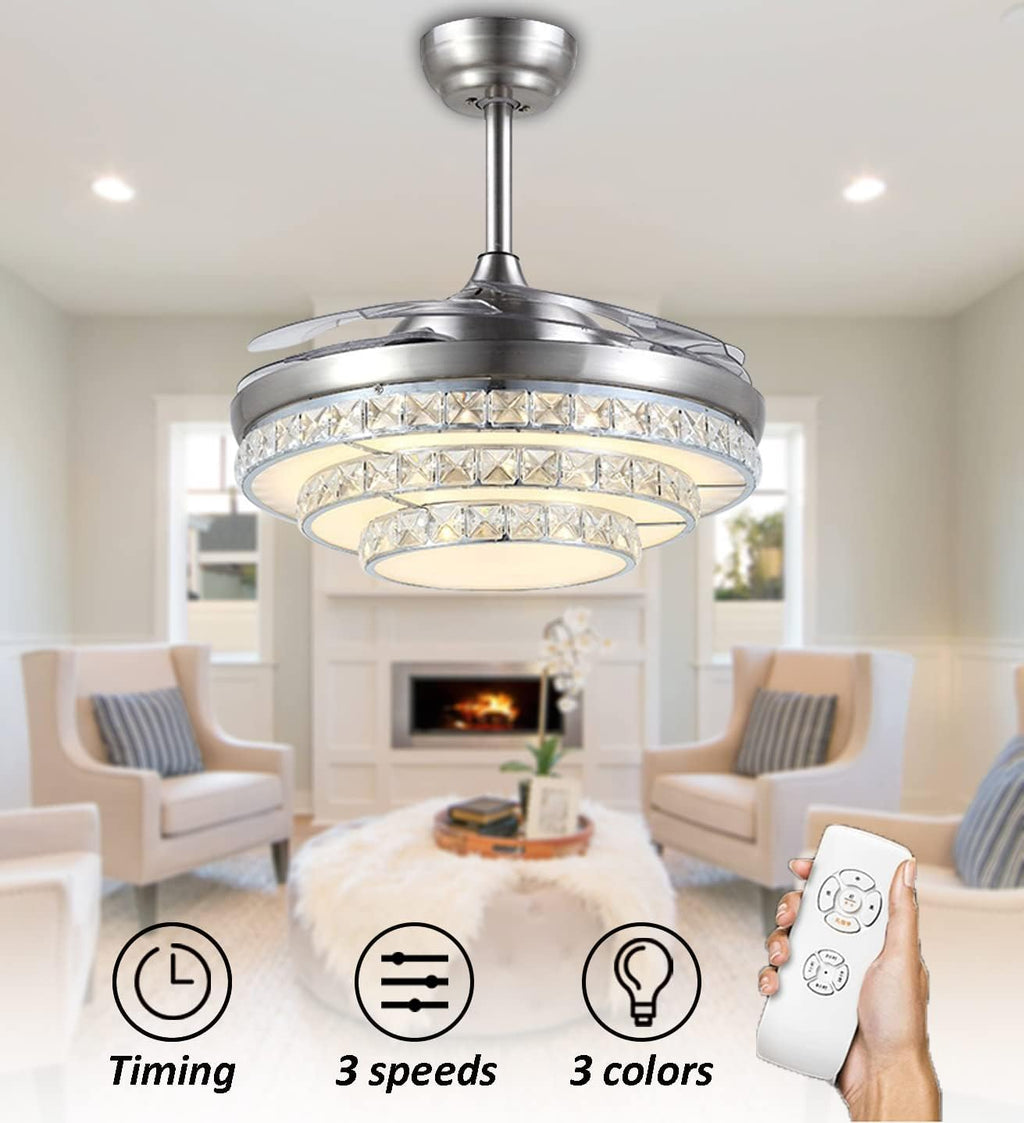 42' Crystal Invisible Ceiling Fans with Lights,Retractable Remote Control 3 Color 3 Speed LED Silent Modern Fan Chandelier Lighting for Livingroom Bedroom(Silver)