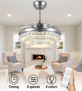 42' Crystal Invisible Ceiling Fans with Lights,Retractable Remote Control 3 Color 3 Speed LED Silent Modern Fan Chandelier Lighting for Livingroom Bedroom(Silver)