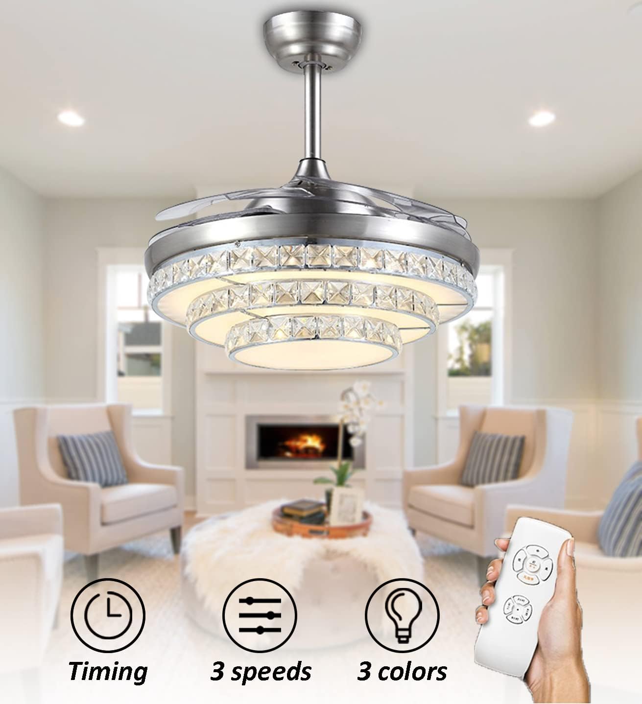 42' Crystal Invisible Ceiling Fans with Lights,Retractable Remote Control 3 Color 3 Speed LED Silent Modern Fan Chandelier Lighting for Livingroom Bedroom(Silver)