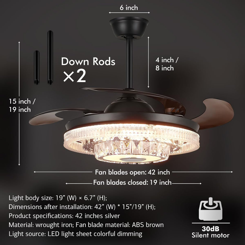 42' Bluetooth Crystal Fandelier Ceiling Fan with Light Music Speaker Dimmable RGB LED, Modern Black Reversible Chandelier Ceiling Fan Remote Control Retractable Blades for Living Room