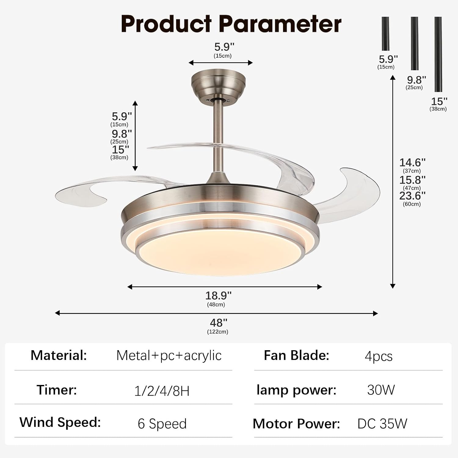 48 Inch Retractable Ceiling Fans with Lights, Modern Fandelier Ceiling Fan with Remote and App Control, 3 Color Dimmable, 6 Speeds Reversible, for Bedroom/Living Room/Office (Brushed Nickel)