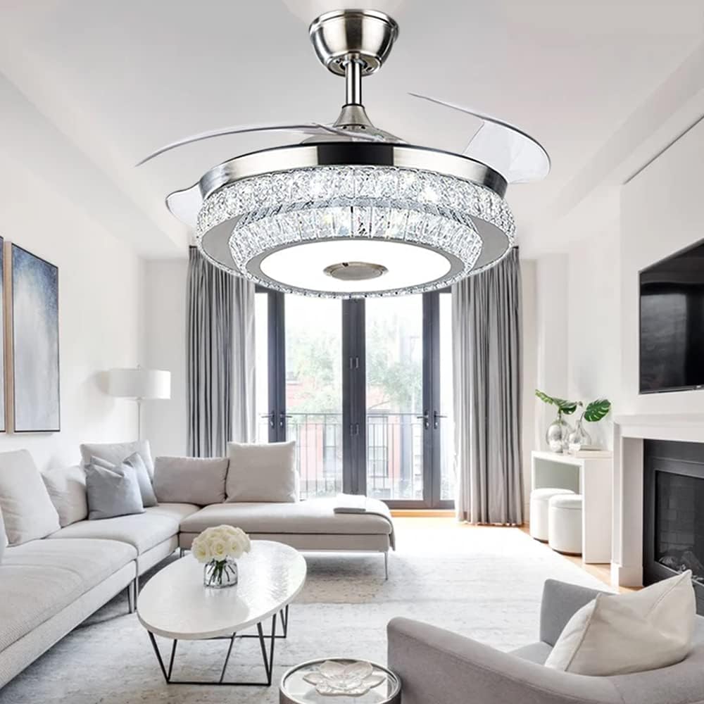 42'' Fandelier Crystal Ceiling Fan with Light, 3 Speeds Changes 7 Colors Dimmable Fandelier Bluetooth Speaker Music Ceiling Fans Modern 2 Layers Crystal Light Fixture for Bedroom,Living Room