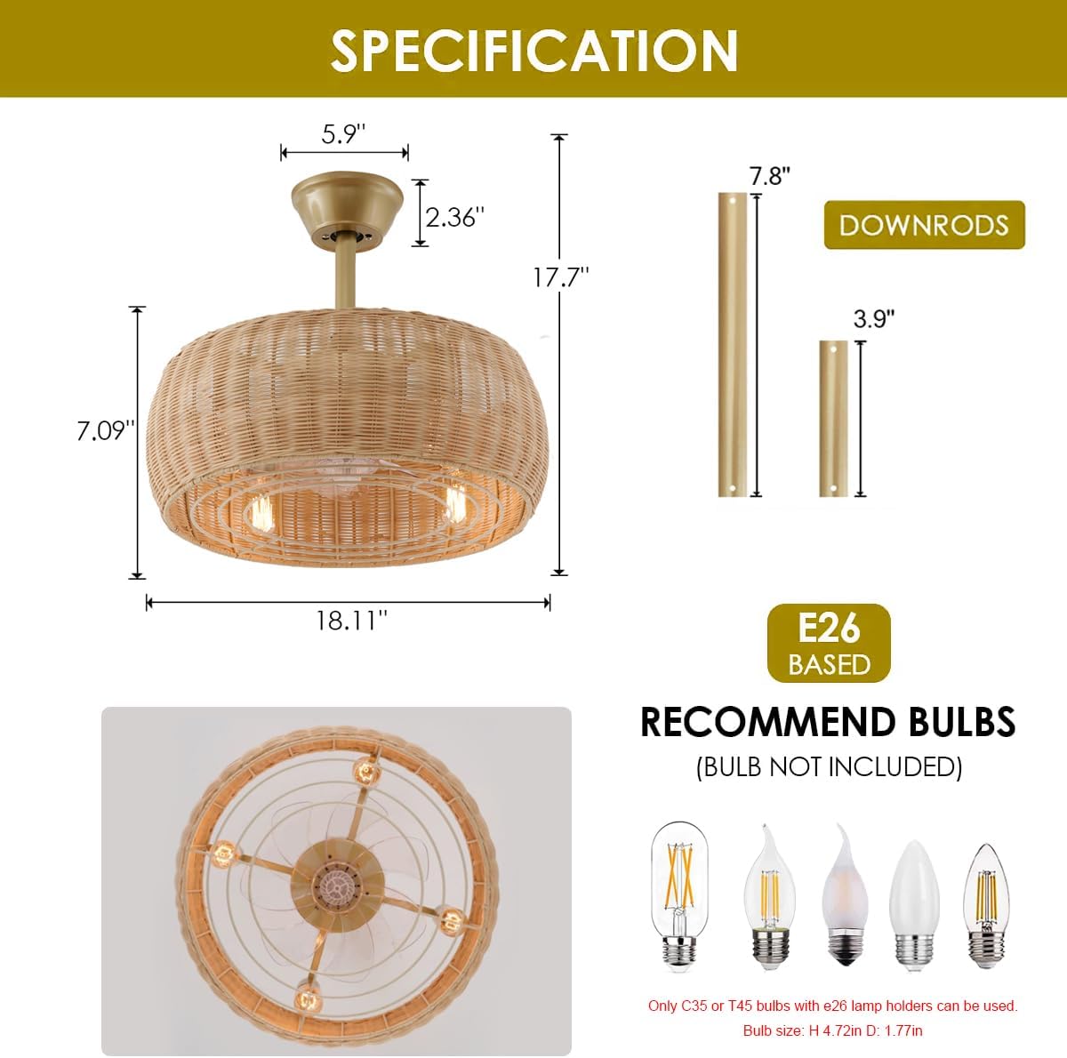 18.1' Rattan Caged Ceiling Fan with Lights 4-Light Beige Fandelier with Light Boho Bamboo Chandelier Fan with Light Reversible Motor, Remote Wicker Pendant Light with Fan for Bedroom Living Room