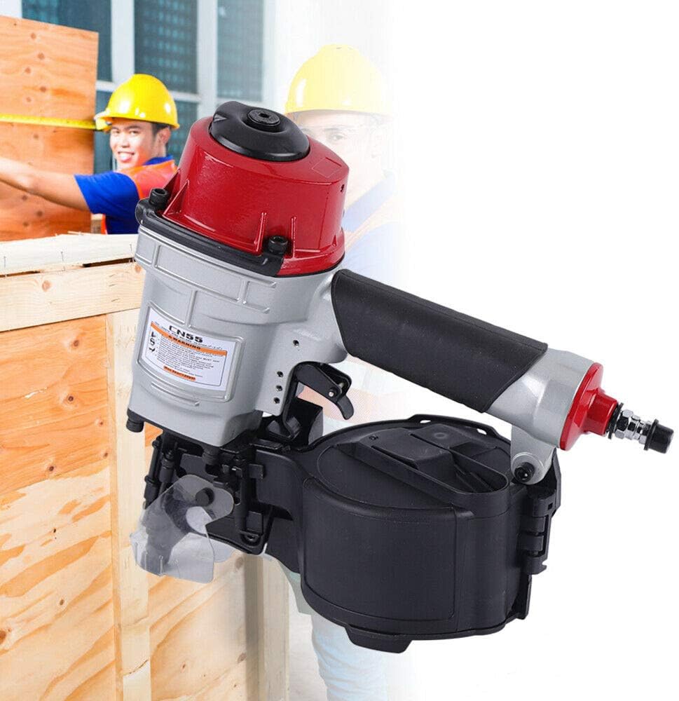 Pneumatic Siding Coil Nailer Gun, 25-57mm Gauge Handheld Air Framing Stapler Gun Roofing Nailer CN55 for Woodworking Fences Plywood Furniture