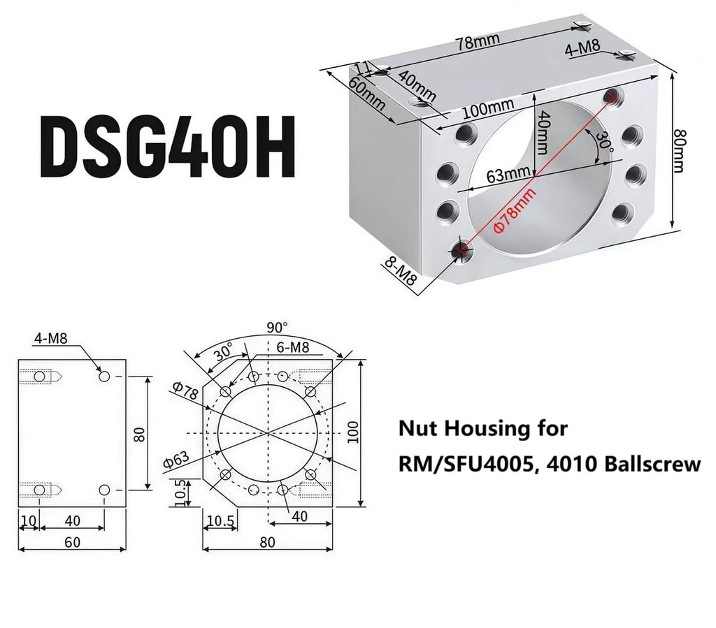 Ball Screw Nut Housing Nut Bracket Holder for RM/SFU4005, 4010 Ballscrew 40mm for CNC Machine Part